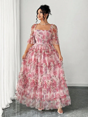 Elenzga Plus Size Women Elegant Romantic Floral Print Mesh Inlay Knitted New Dress, Sundress, Tea Party Outfit, Easter Dress, Spring Break, Cocktail Party Women Dresses Birthday Women Birthday Outfit Women Casual Dress Women S Clothes Women Summer Clothin