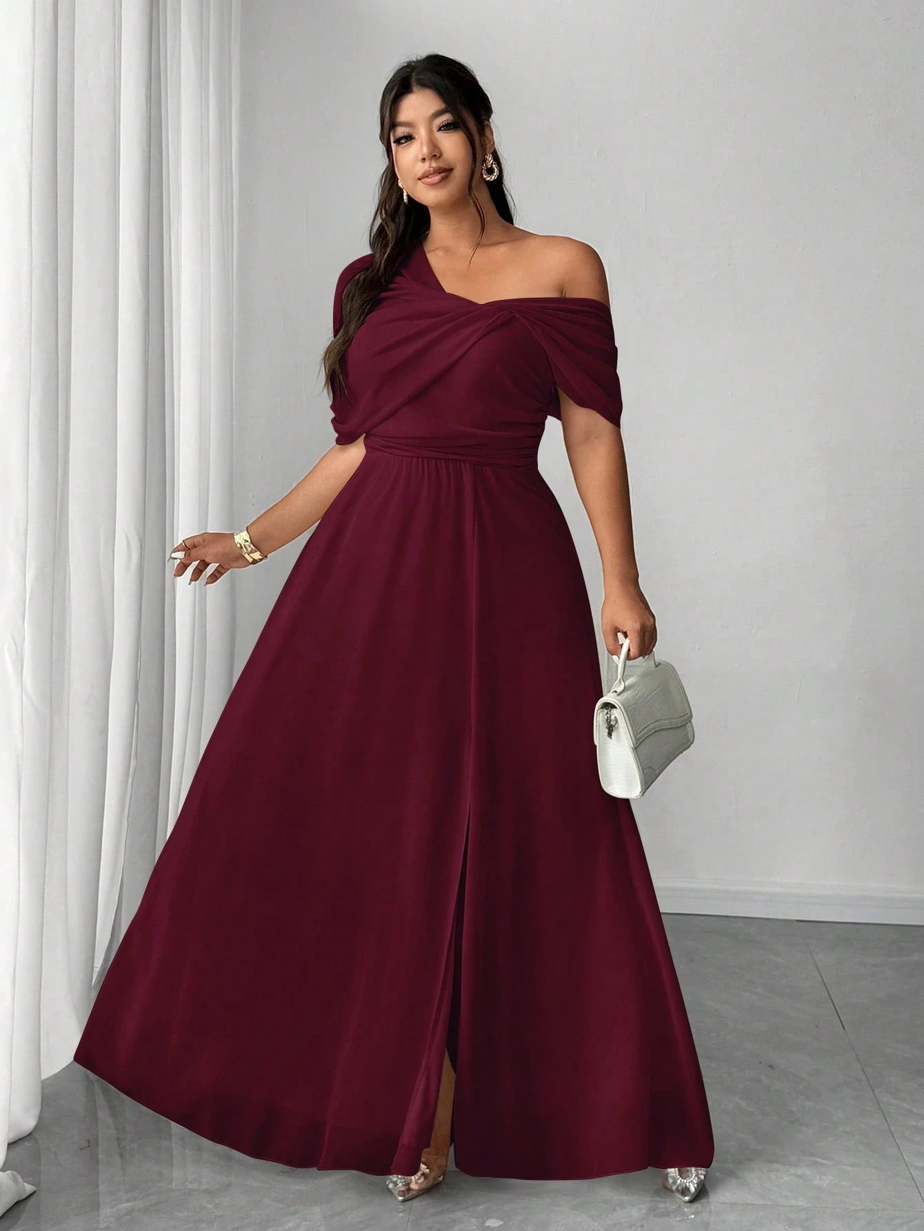 Elenzga Plus Size Women Elegant Romantic Wedding Party Chiffon One - Shoulder Side Slit Maxi Dress - Negative Apparel