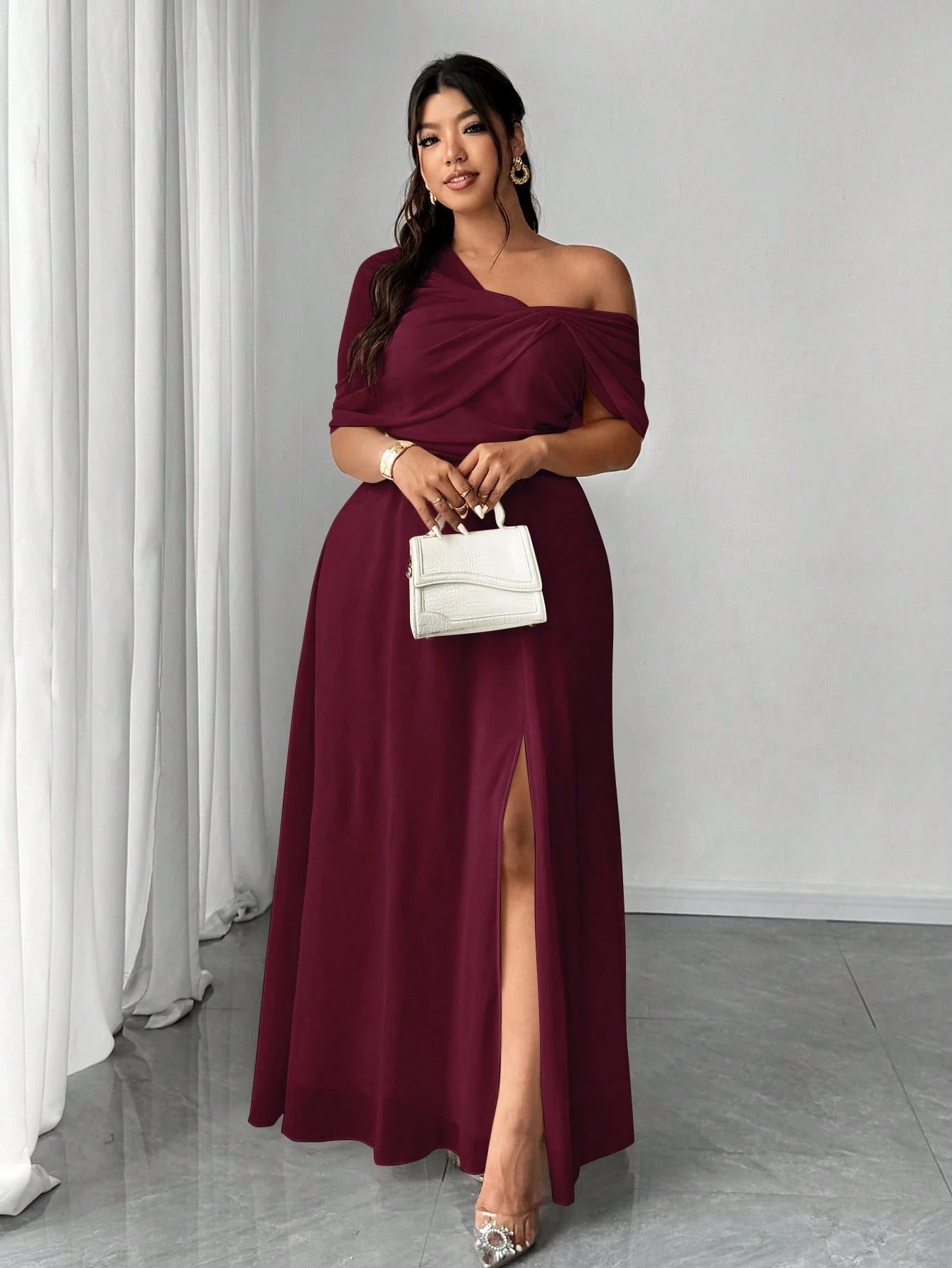 Elenzga Plus Size Women Elegant Romantic Wedding Party Chiffon One - Shoulder Side Slit Maxi Dress - Negative Apparel