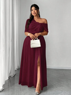 Elenzga Plus Size Women Elegant Romantic Wedding Party Chiffon One - Shoulder Side Slit Maxi Dress - Negative Apparel