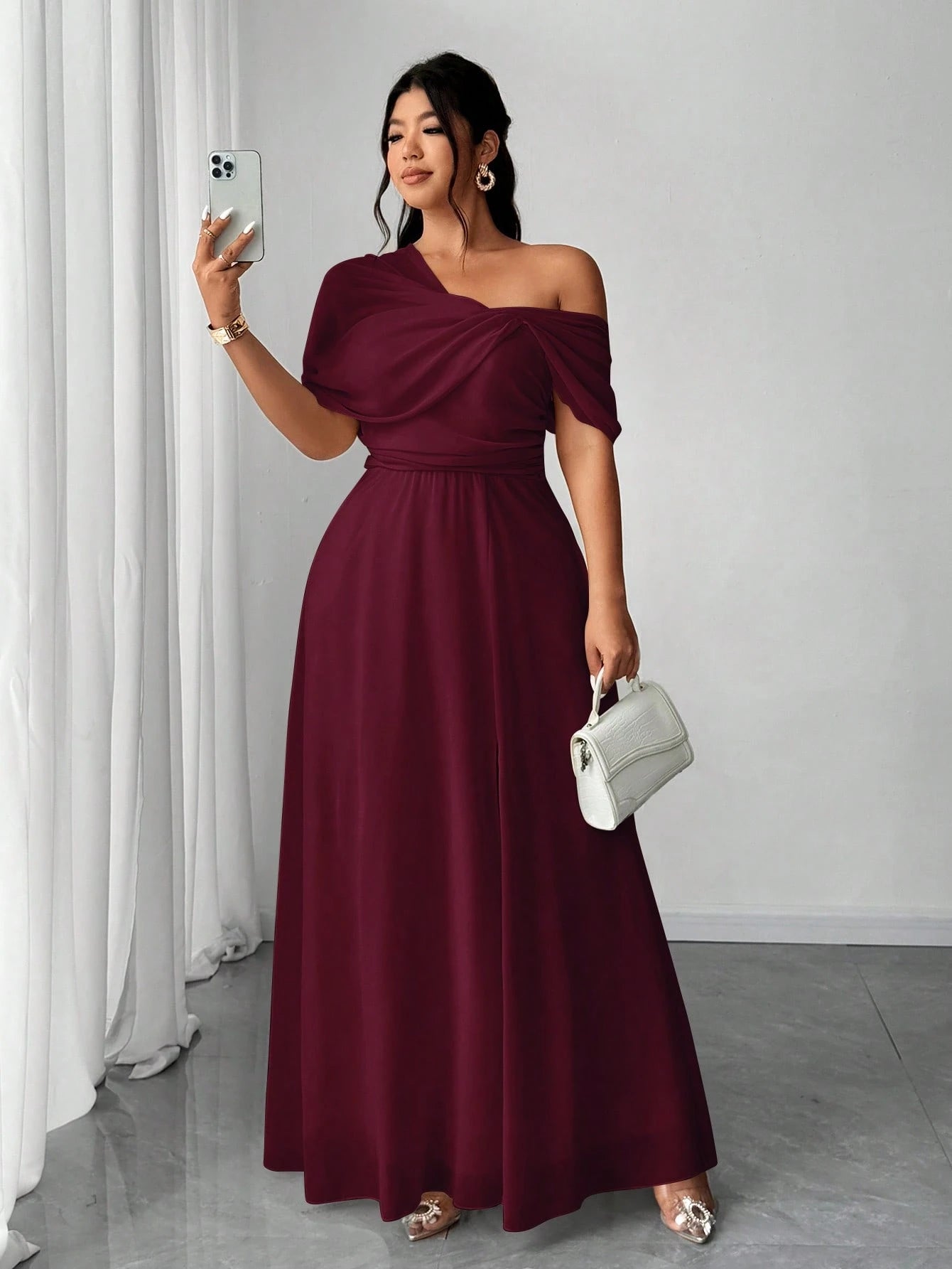 Elenzga Plus Size Women Elegant Romantic Wedding Party Chiffon One - Shoulder Side Slit Maxi Dress - Negative Apparel