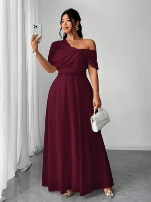Elenzga Plus Size Women Elegant Romantic Wedding Party Chiffon One - Shoulder Side Slit Maxi Dress - Negative Apparel