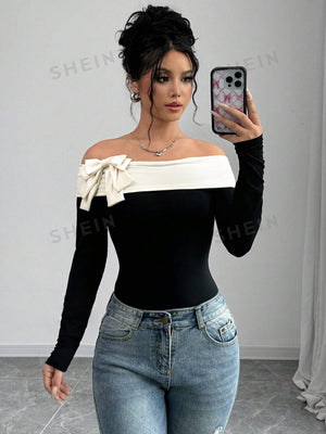 Elenzya Women's Contrast Color Bow Tie Decorated Off Shoulder Bodysuit - Negative Apparel