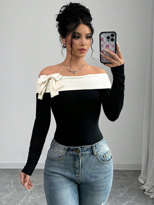 Elenzya Women's Contrast Color Bow Tie Decorated Off Shoulder Bodysuit - Negative Apparel