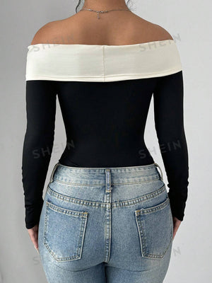 Elenzya Women's Contrast Color Bow Tie Decorated Off Shoulder Bodysuit - Negative Apparel