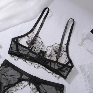 Embroidery perspective body sculpting thin sex underwear garter belt split set with steel ring - Negative Apparel