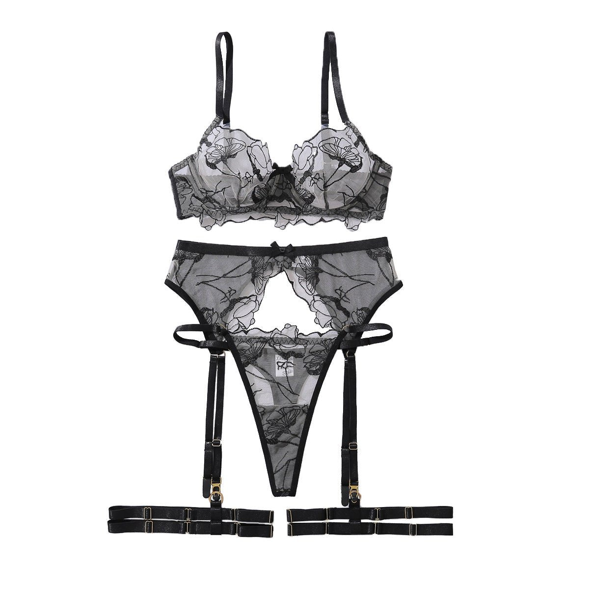 Embroidery perspective body sculpting thin sex underwear garter belt split set with steel ring - Negative Apparel