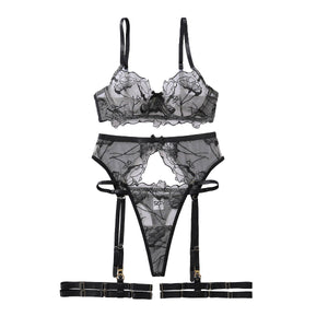 Embroidery perspective body sculpting thin sex underwear garter belt split set with steel ring - Negative Apparel