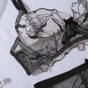 Embroidery perspective body sculpting thin sex underwear garter belt split set with steel ring - Negative Apparel