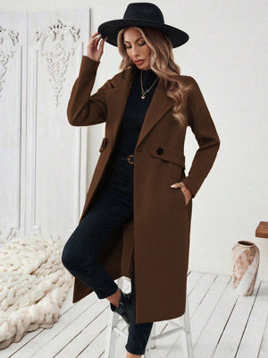 EMERY ROSE Halloween Women's Notched Collar Camel Overcoat With Belt Long Coat Fall Coat FD - Negative Apparel