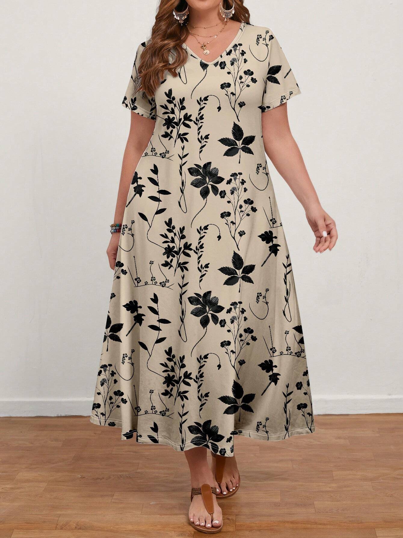 EMERY ROSE Plus Size Women's Casual Solid Color Silhouette Floral Pattern V - Neck Short Sleeve Dress For Summer,Beach Dress Sundress,Holiday Outfits Boho Suitable For Going Out Chic Dress - Negative Apparel