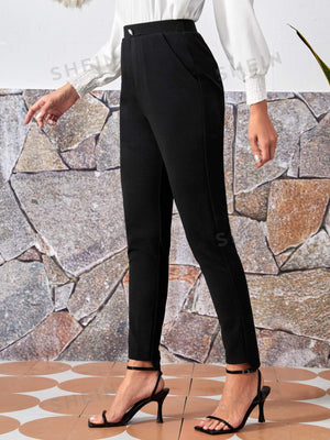 EMERY ROSE Slant Pocket Asymmetrical Hem Tailor Pants - Negative Apparel