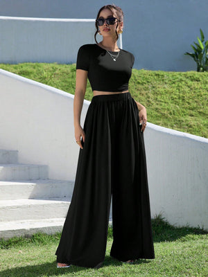 Essnce Summer Solid Slim Fit Crop Tee & Fold Pleated Wide Leg Pants - Negative Apparel