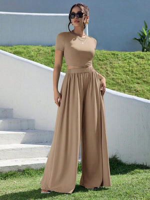 Essnce Summer Solid Slim Fit Crop Tee & Fold Pleated Wide Leg Pants - Negative Apparel