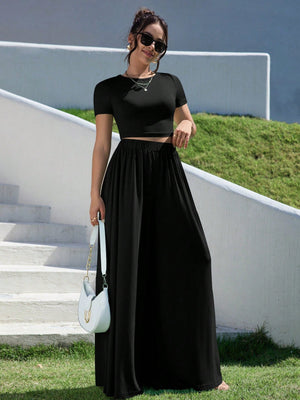 Essnce Summer Solid Slim Fit Crop Tee & Fold Pleated Wide Leg Pants - Negative Apparel