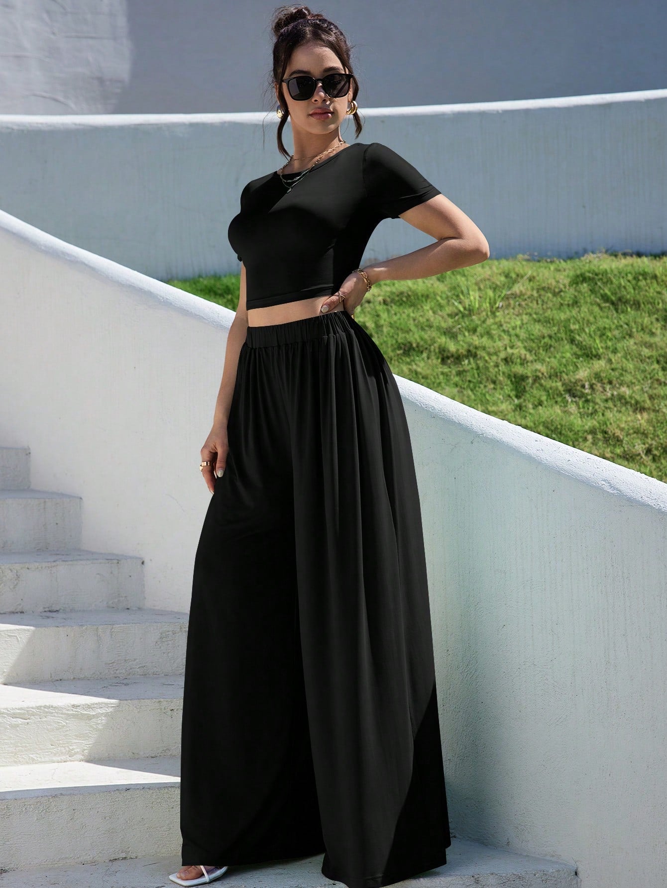 Essnce Summer Solid Slim Fit Crop Tee & Fold Pleated Wide Leg Pants - Negative Apparel