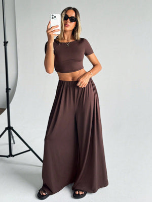 Essnce Summer Solid Slim Fit Crop Tee & Fold Pleated Wide Leg Pants - Negative Apparel