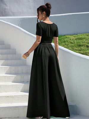 Essnce Summer Solid Slim Fit Crop Tee & Fold Pleated Wide Leg Pants - Negative Apparel
