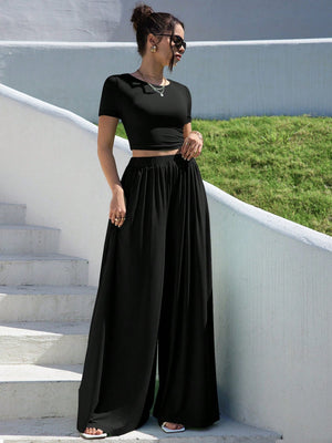 Essnce Summer Solid Slim Fit Crop Tee & Fold Pleated Wide Leg Pants - Negative Apparel