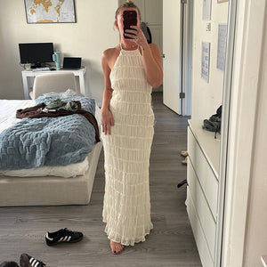 Ethereal Muse | Backless Pleated Halter Maxi Dress - Negative Apparel