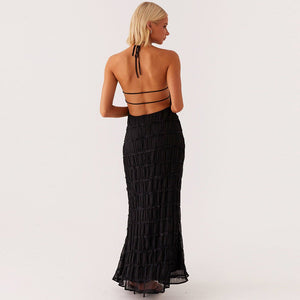 Ethereal Muse | Backless Pleated Halter Maxi Dress - Negative Apparel