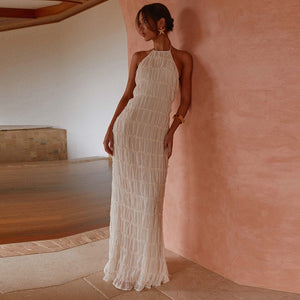 Ethereal Muse | Backless Pleated Halter Maxi Dress - Negative Apparel
