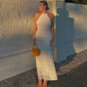 Ethereal Muse | Backless Pleated Halter Maxi Dress - Negative Apparel