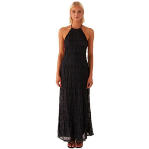Ethereal Muse | Backless Pleated Halter Maxi Dress - Negative Apparel
