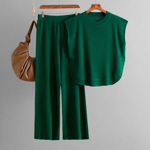 European and American cross - border suit 2025 new simple fashion loose sleeveless knitted top wide - leg pants two - piece set for women - Negative Apparel