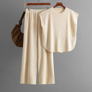European and American cross - border suit 2025 new simple fashion loose sleeveless knitted top wide - leg pants two - piece set for women - Negative Apparel