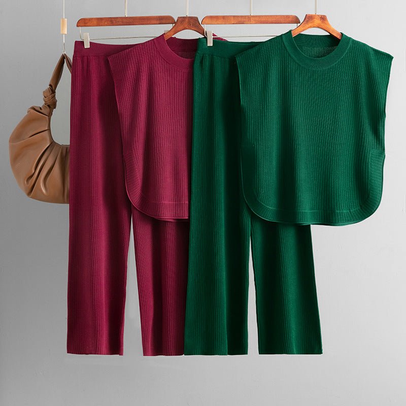 European and American cross - border suit 2025 new simple fashion loose sleeveless knitted top wide - leg pants two - piece set for women - Negative Apparel