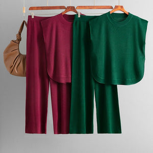European and American cross - border suit 2025 new simple fashion loose sleeveless knitted top wide - leg pants two - piece set for women - Negative Apparel