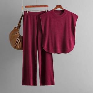European and American cross - border suit 2025 new simple fashion loose sleeveless knitted top wide - leg pants two - piece set for women - Negative Apparel