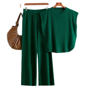 European and American cross - border suit 2025 new simple fashion loose sleeveless knitted top wide - leg pants two - piece set for women - Negative Apparel