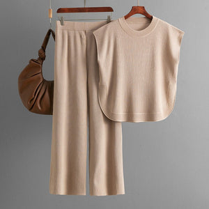 European and American cross - border suit 2025 new simple fashion loose sleeveless knitted top wide - leg pants two - piece set for women - Negative Apparel