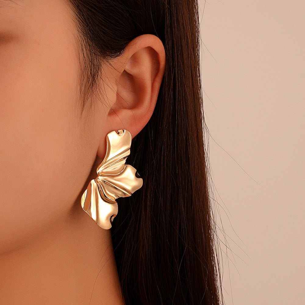 European and American retro exaggerated golden flower earrings simple temperament matte irregular petal earrings alloy earrings for women - Negative Apparel