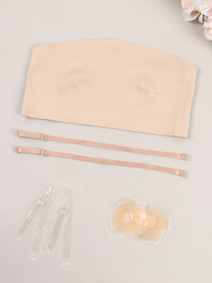 European and American sexy ice silk tube top, adjustable shoulder strap, underwear, summer thin seamless non - slip gathering four - piece set - Negative Apparel