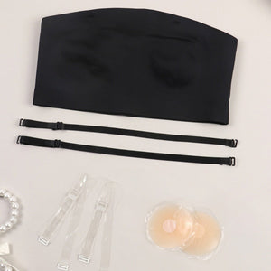 European and American sexy ice silk tube top, adjustable shoulder strap, underwear, summer thin seamless non - slip gathering four - piece set - Negative Apparel