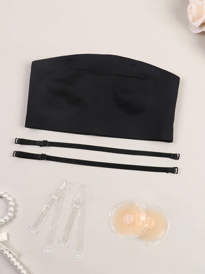 European and American sexy ice silk tube top, adjustable shoulder strap, underwear, summer thin seamless non - slip gathering four - piece set - Negative Apparel