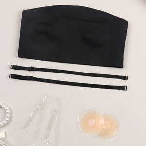 European and American sexy ice silk tube top, adjustable shoulder strap, underwear, summer thin seamless non - slip gathering four - piece set - Negative Apparel