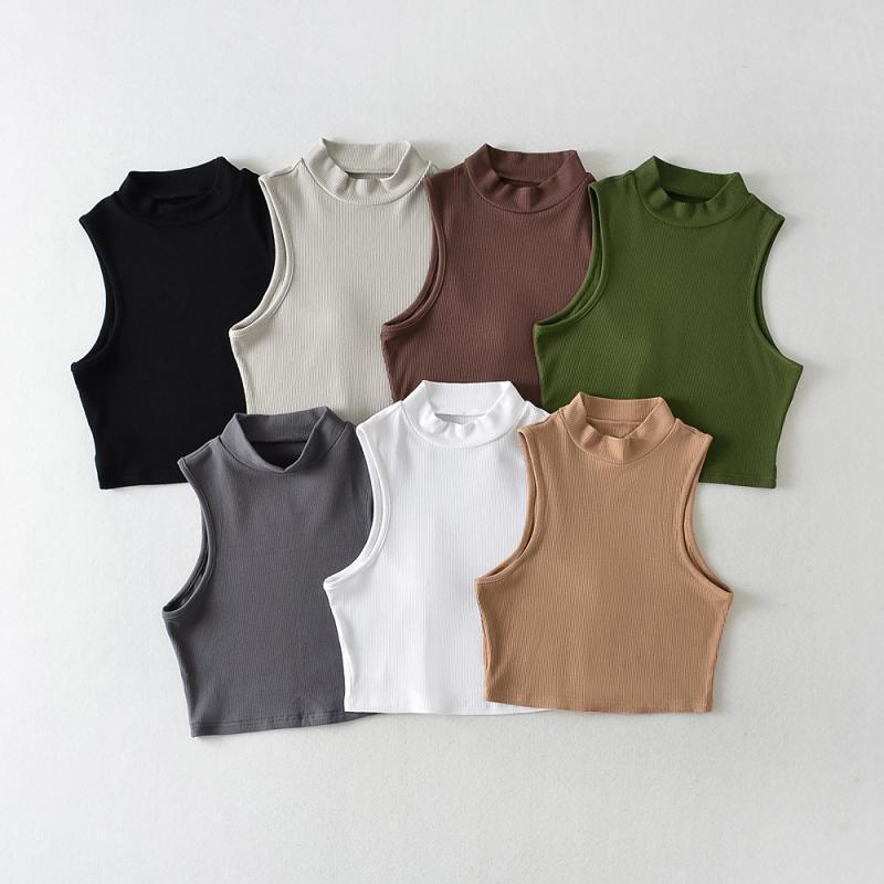 European and American summer new retro small high collar vest women's elastic slim fit short style navel - exposed sleeveless sports top - Negative Apparel