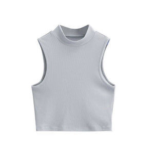 European and American summer new retro small high collar vest women's elastic slim fit short style navel - exposed sleeveless sports top - Negative Apparel