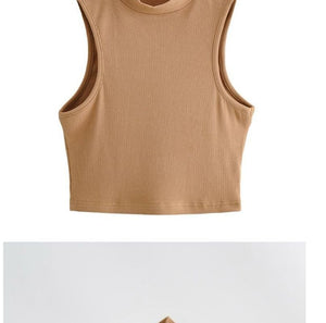 European and American summer new retro small high collar vest women's elastic slim fit short style navel - exposed sleeveless sports top - Negative Apparel