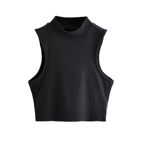 European and American summer new retro small high collar vest women's elastic slim fit short style navel - exposed sleeveless sports top - Negative Apparel