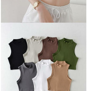 European and American summer new retro small high collar vest women's elastic slim fit short style navel - exposed sleeveless sports top - Negative Apparel