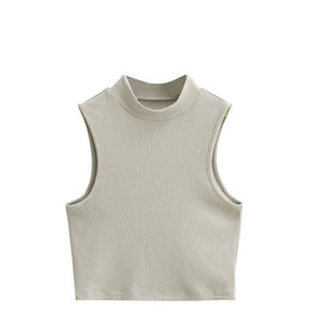 European and American summer new retro small high collar vest women's elastic slim fit short style navel - exposed sleeveless sports top - Negative Apparel