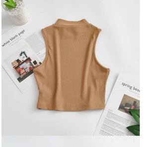 European and American summer new retro small high collar vest women's elastic slim fit short style navel - exposed sleeveless sports top - Negative Apparel