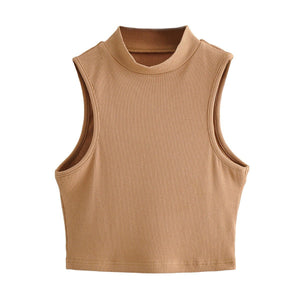 European and American summer new retro small high collar vest women's elastic slim fit short style navel - exposed sleeveless sports top - Negative Apparel