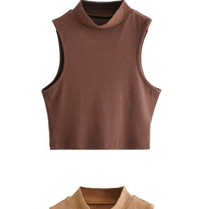 European and American summer new retro small high collar vest women's elastic slim fit short style navel - exposed sleeveless sports top - Negative Apparel