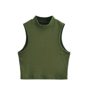 European and American summer new retro small high collar vest women's elastic slim fit short style navel - exposed sleeveless sports top - Negative Apparel